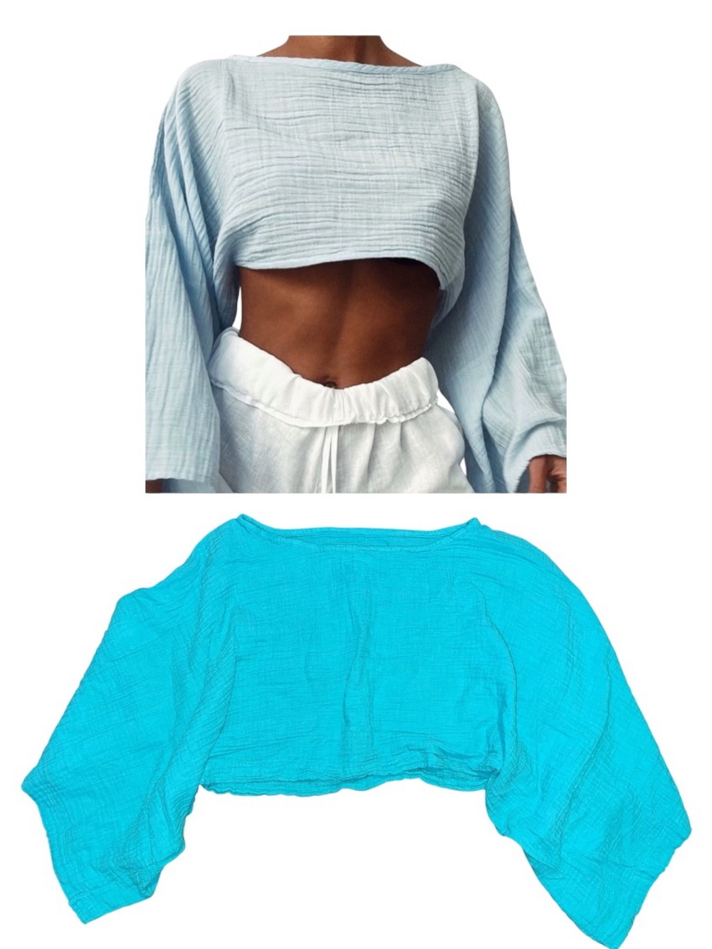 ENVY Italy turquoise crinkle crop top wide sleeves Medium
